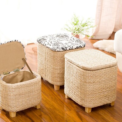 Grass squat stool Straw household Straw Rattan Storage Stool Storage Shoe changing stool Footstool Chairs &amp; Stools