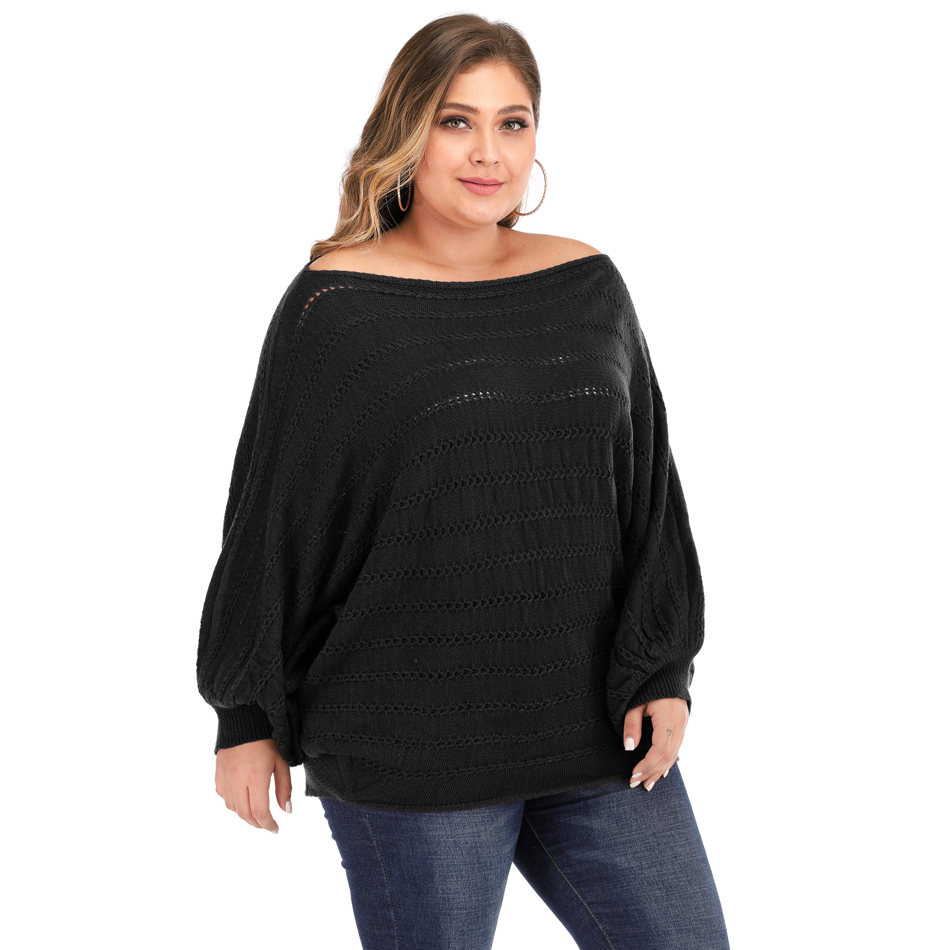 plus size bat-sleeved woven sweater  NSOY26830