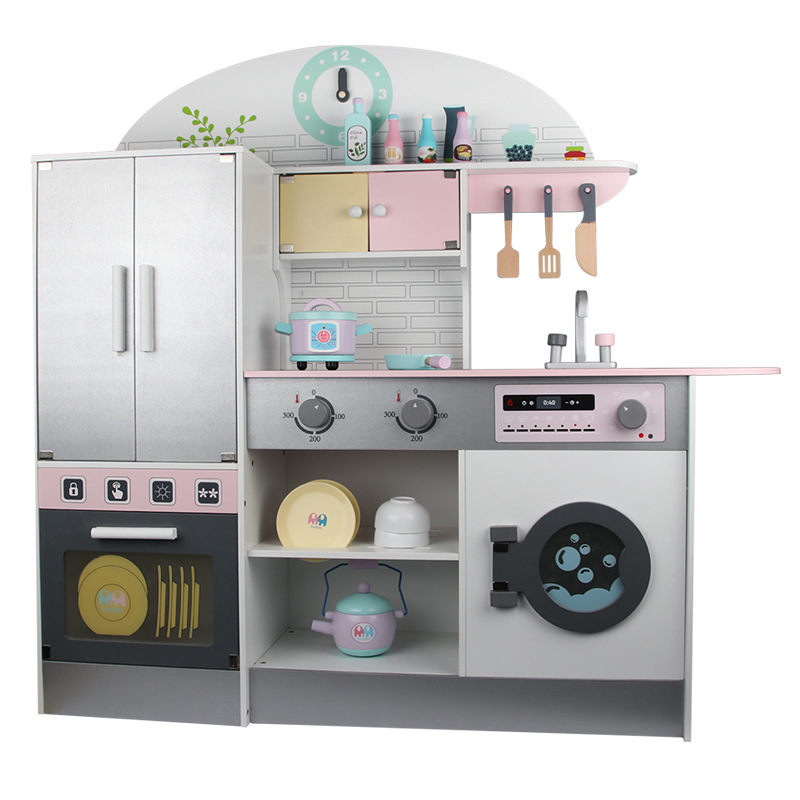 Simulation Refrigerator Kitchen CWooden European Refrigerator Kitchen Gas Stove Children's House Cooking Toys