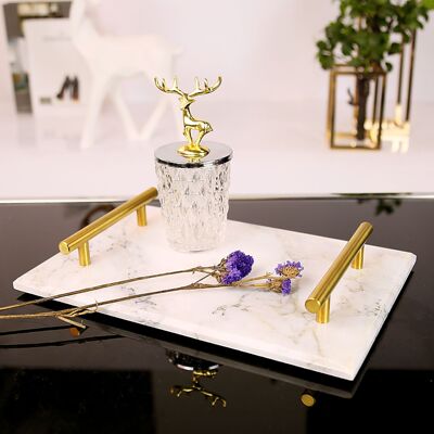 北欧创意大理石托盘陶瓷复古收纳储物盘 长方形带手柄 大理石托盘|ms