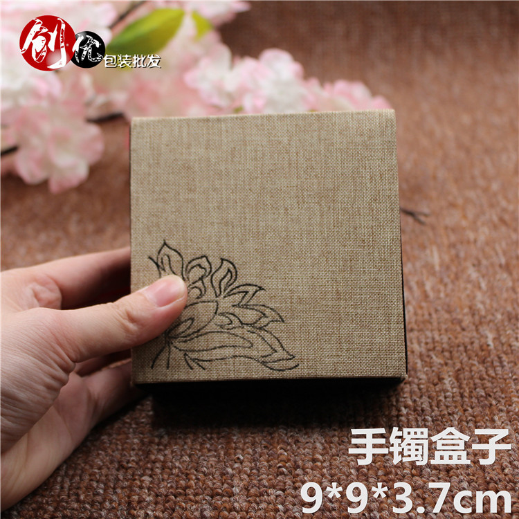 亚麻布印荷花文玩手串佛珠盒 礼品饰品盒 包装盒