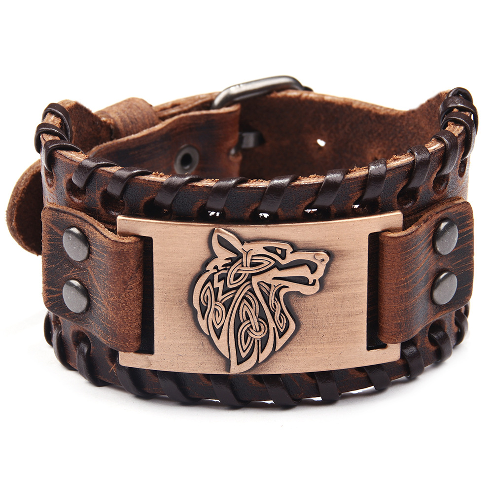 2PCS  Nordic Viking Totem Leather Personalized Fashion Style Luen Triangle Letter Cowhide Bracelet_voghion.com