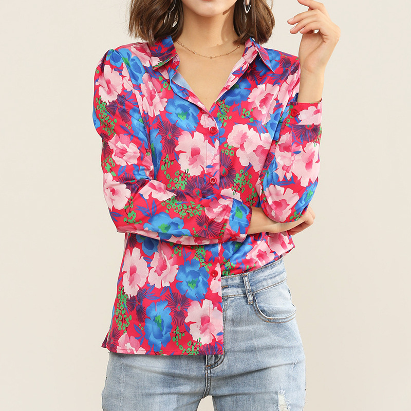 casual flower printing long-sleeved chiffon shirt NSGE37810