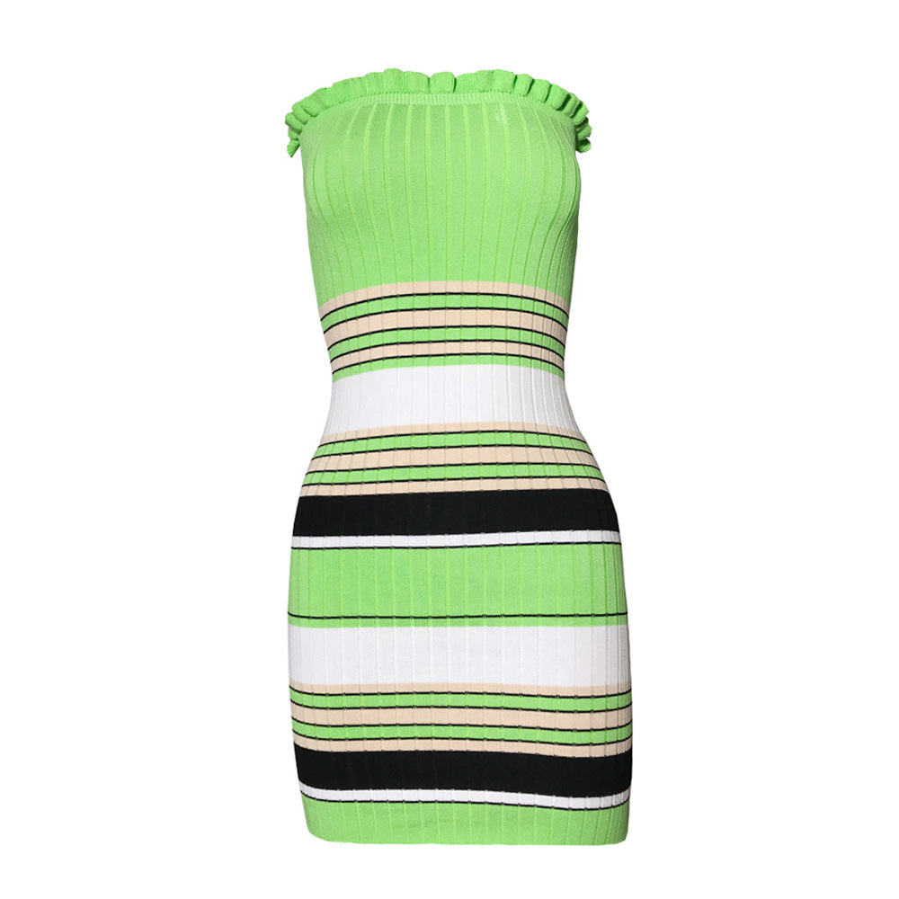 rainbow contrast color striped skirt beach holiday flat neck slim knit dress NSYX64697