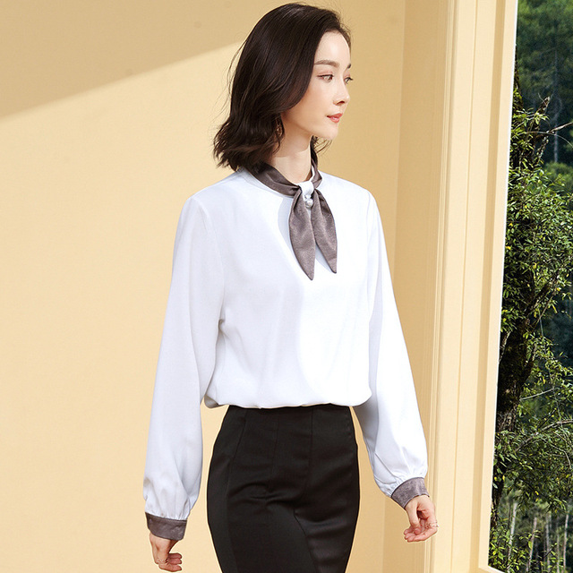 Autumn color contrast bow long sleeve women’s Korean version loose and thin chiffon shirt