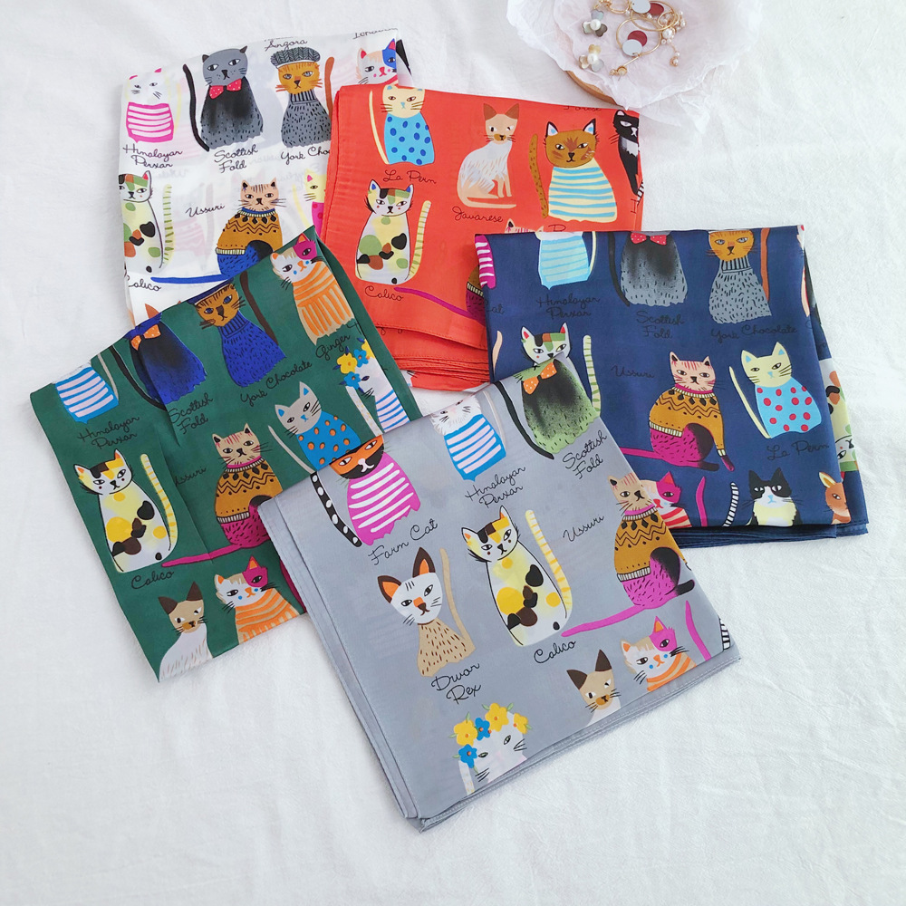 75g Weight Women'S Sweet Korean Style Cat Satin Printing Silk Scarf