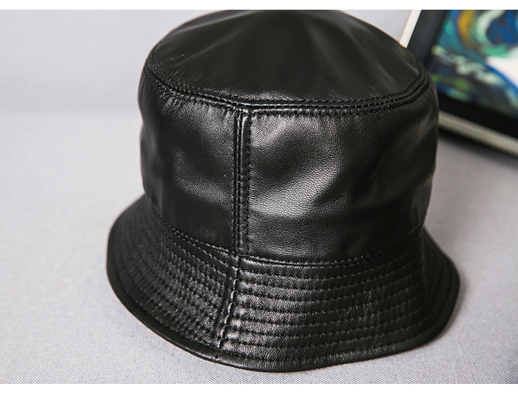 Real Leather Sheepskin Fitted Flat Bucket Hats Outdoor Brim
