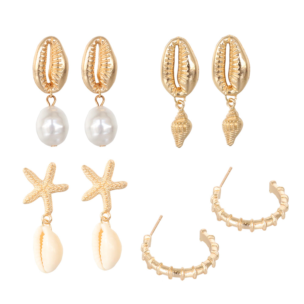 Bohemia Shells Pearl Conch Starfish Stud Earrings 4 Pairs Set Wholesale display picture 4