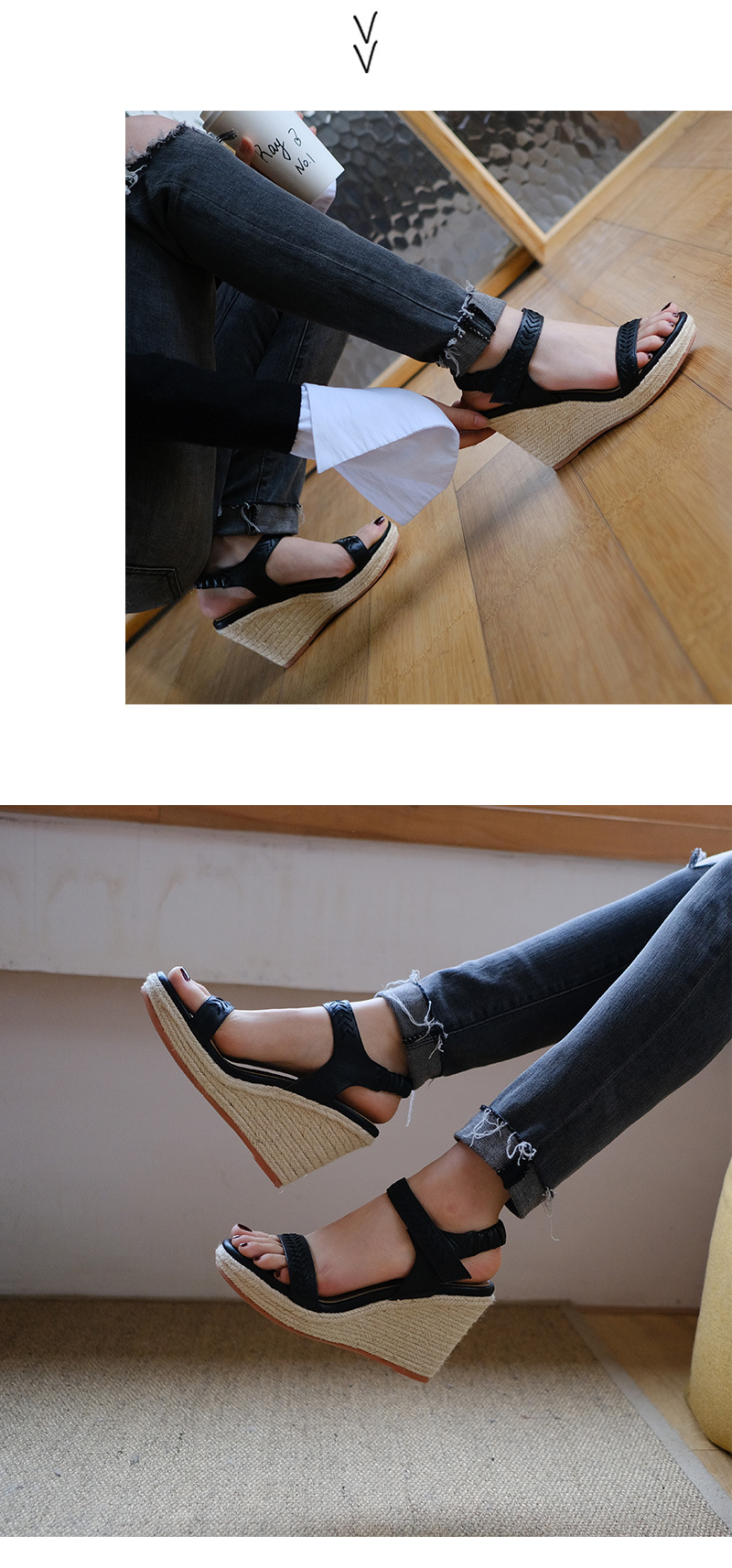 Sandal nữ đế xuồng dệt rơm da bò quai ngang khóa chữ — Màu nâu chi tiết 7