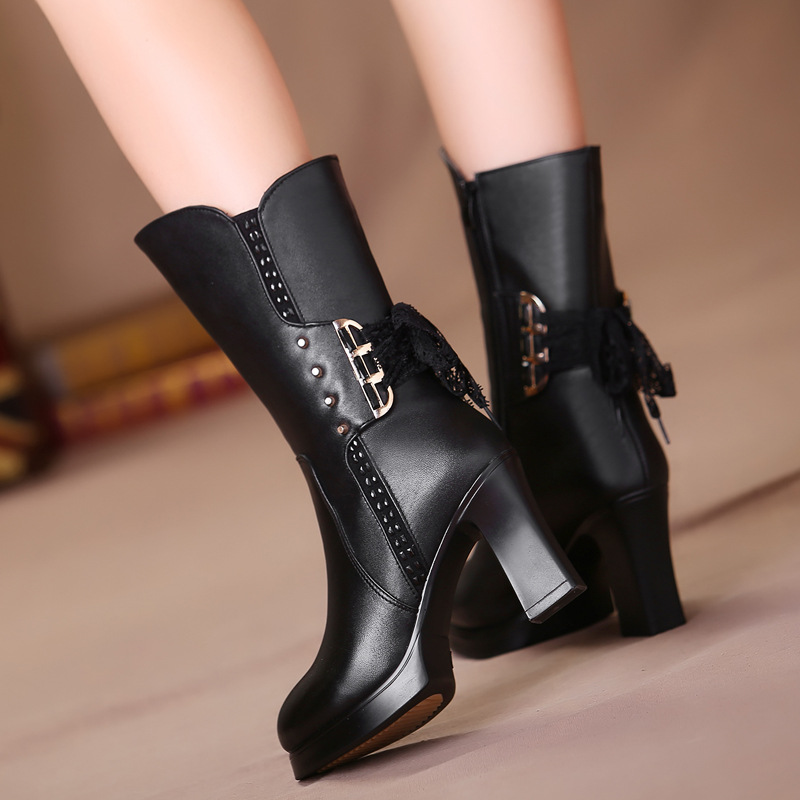 fashion waterproof mid height heel boots