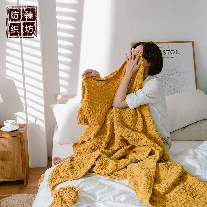新款雪尼尔四角流苏立体v字针织毯 家居软装 空调沙发懒人盖毯