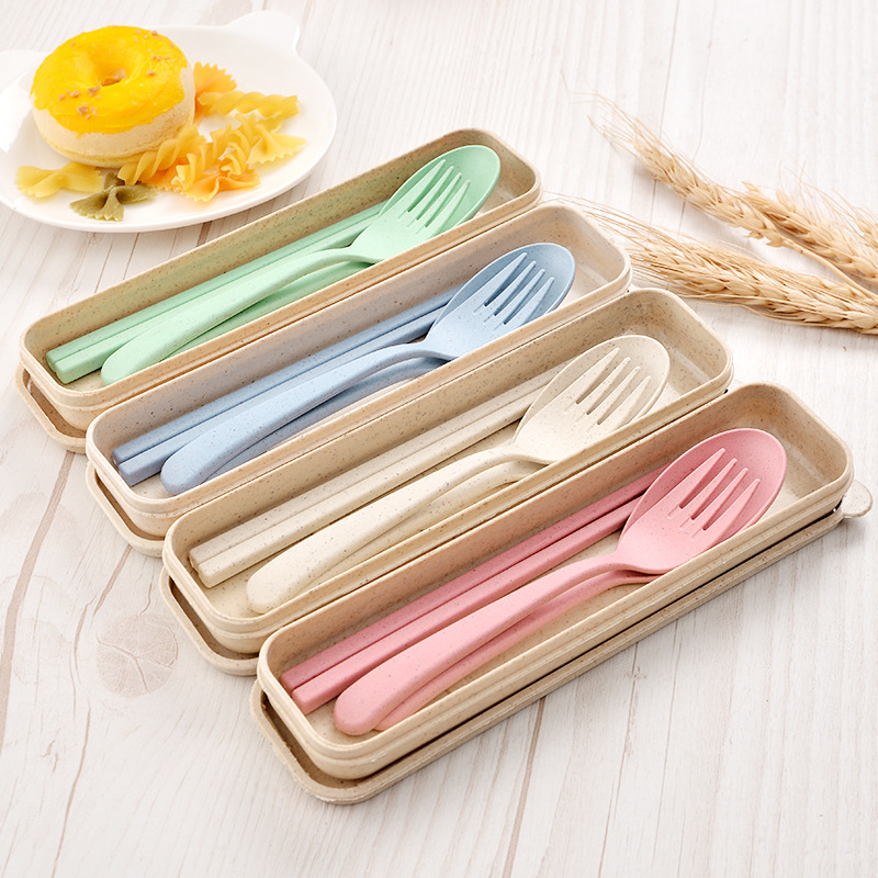 Wheat Straw Student Tableware Travel Portable Tableware Small Three-piece Cutlery Box Chopsticks Fork And Spoon Set