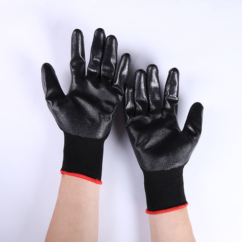 厂家批发十三针黑丁晴浸胶手套耐磨防滑防油工地尼龙劳保手套现货