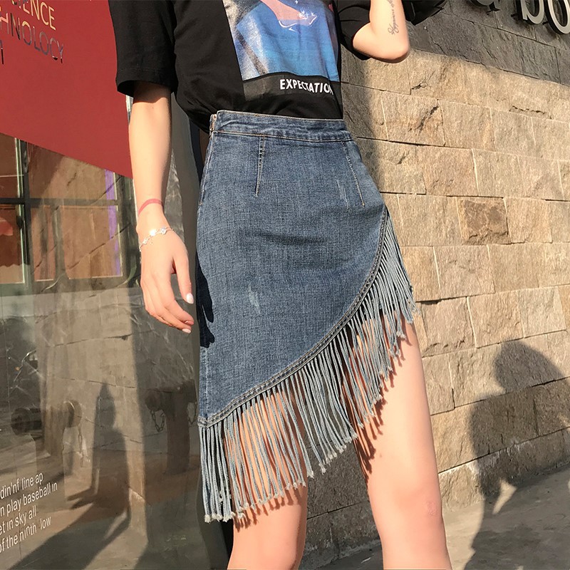 2020 new pattern tassels Denim skirt skirt Spring and summer False two Skirt pants Paige Skirt the republic of korea