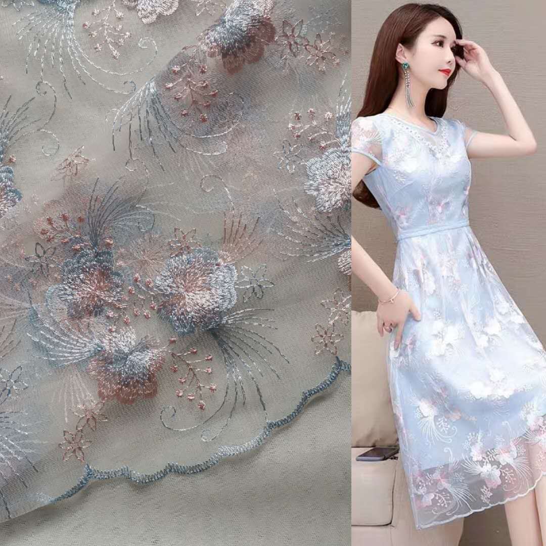 新款无弹网眼布底布立体撞色波浪边刺绣 裙装等面料 两色现货