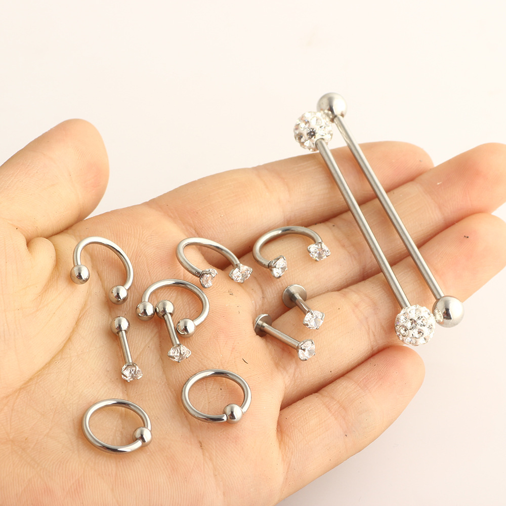 Nose Ring Lip Stud Industrial Ear Studs Barbell Geometric Cactus Earrings Stainless Steel Double Piercing Cross Bar Jewelry Set detail image 7