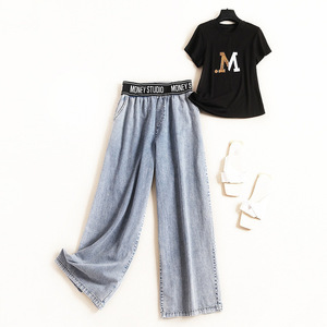 Summer solid color round neck T-shirt slim and Elastic Waist Wide Leg Pants two piece set