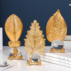 Simple modern light luxury golden leaf crystal ball ornaments study room model room desktop metal ornaments