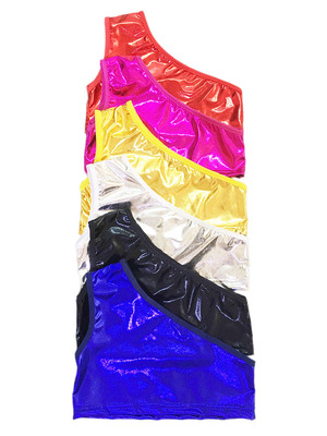 女童男童走秀吊带单露肩斜肩膀露脐背心亮面演出服弹力表演上衣|ru