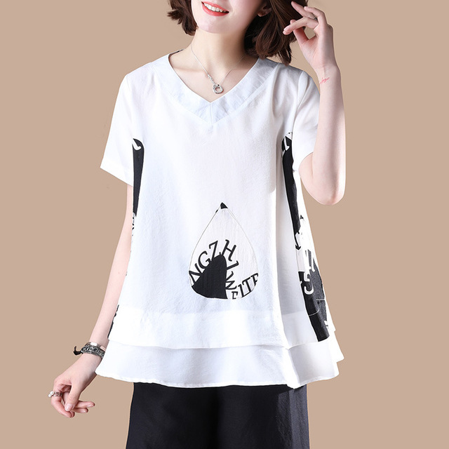 Printed T-shirt V-collar Short Sleeve Loose Top Summer Dress 