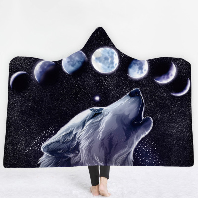 Hooded Blanket cloak thickening double-deck Plush 3D Digital Printing Watercolor wolf series