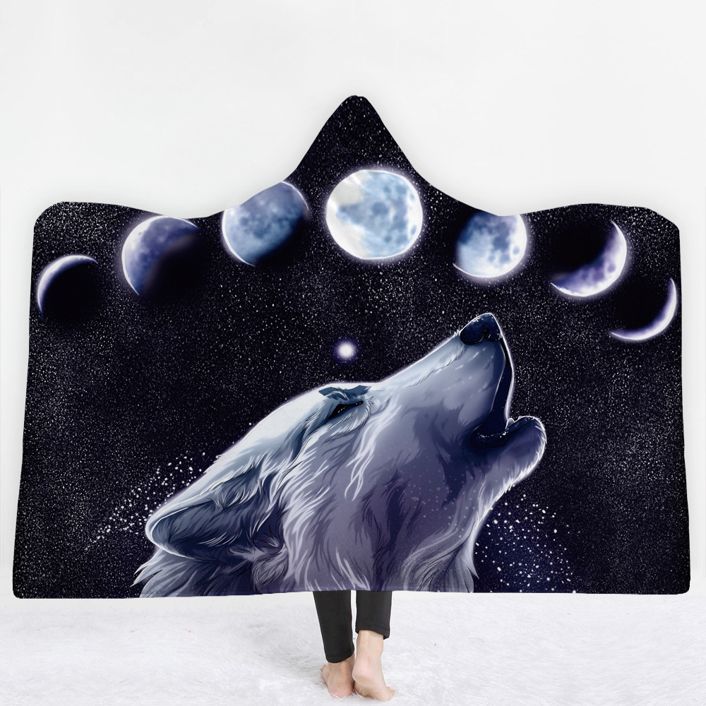 Hooded Blanket cloak thickening double-deck Plush 3D Digital Printing Watercolor wolf series