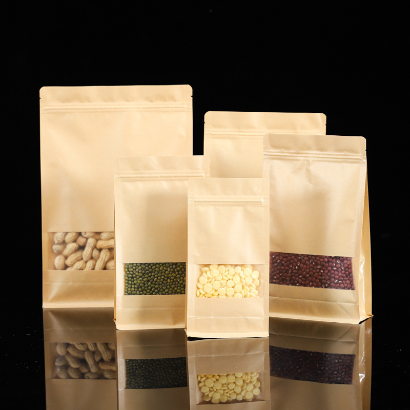 现货八边封开窗加厚牛皮纸自封袋磨砂干果零食包装自立袋批发