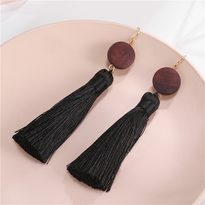 Retro Trendy Long Black Fringe Wood Earrings Wholesale Jewelry Women display picture 4