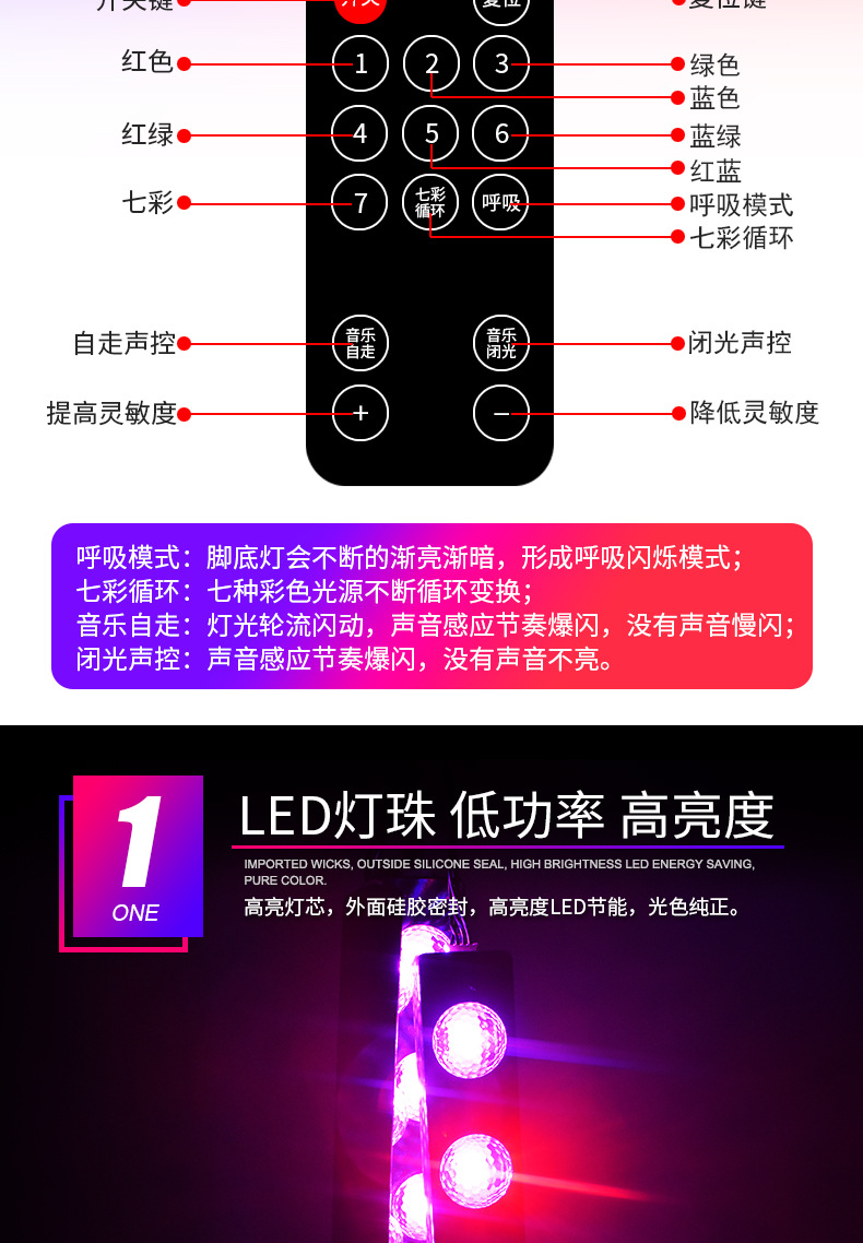 新款车内氛围灯满地星一拖四汽车脚底改装七彩声控led装饰气氛灯详情15