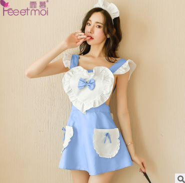 Femmy Sexy Lingerie Women's Playful Heart Lace Uniform Seductive Backless Maid Servant Set F7067