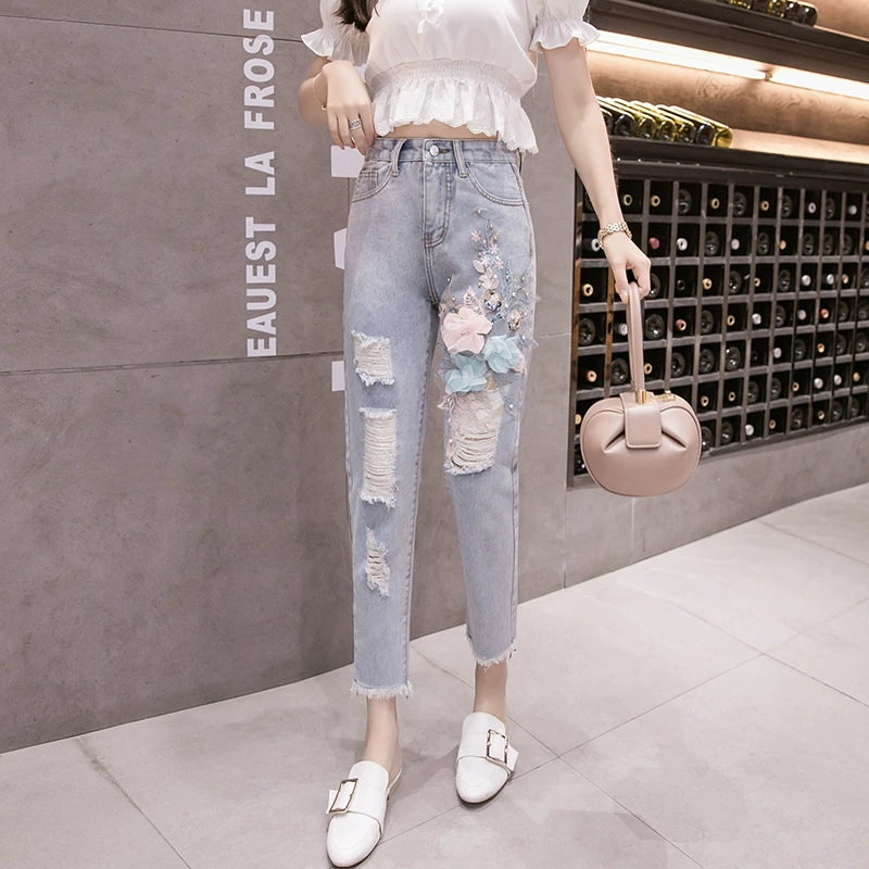 Реальные новые джинсовые брюки с девятью точками и отверстиями, трехмерные цветочные бусины для ногтей, Тонкая Повседневная индивидуальность с кисточками