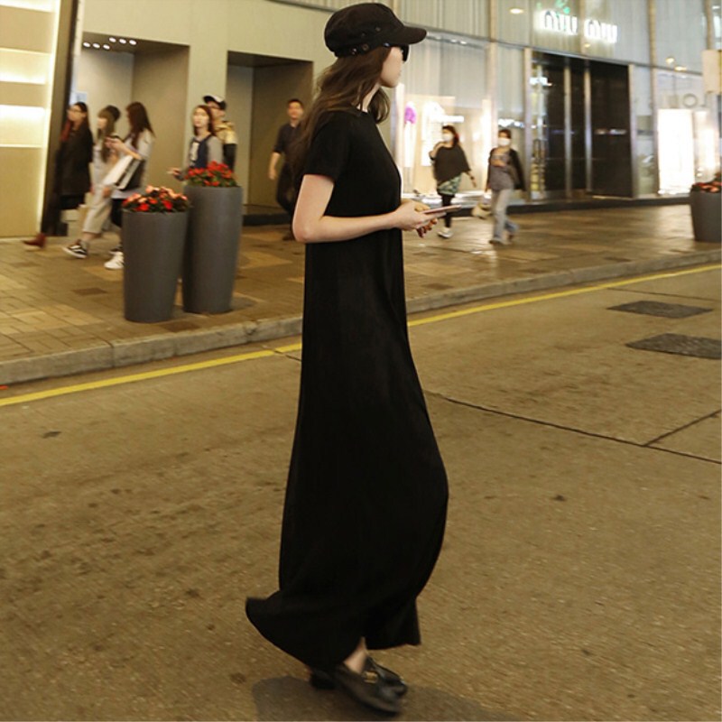 Black short-sleeved dress summer 2022 new women's clothing fashion Korean style loose pocket A- line dress plus size slimming Black short-sleeved dress summer 2022 new women's clothing fashion Korean style loose pocket A- line dress plus size slimming