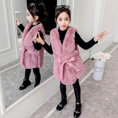 2019秋冬季新款童装女童韩版中长款蝴蝶结仿皮草马甲儿童保暖马甲