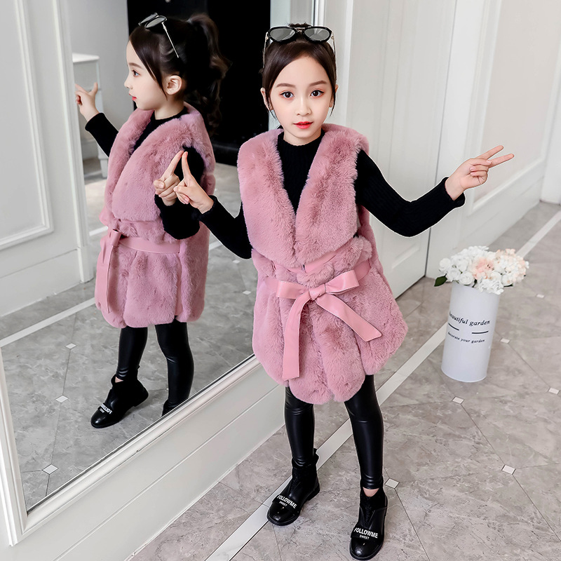 2019秋冬季新款童装女童韩版中长款蝴蝶结仿皮草马甲儿童保暖马甲