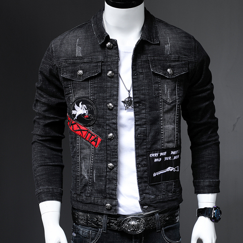 Veste en jean tendance pour homme, version brodée, mode moto, automne/hiver 2025_voghion.com