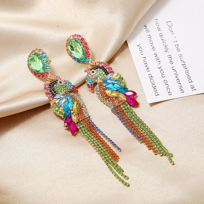 1 Pair Glam Tassel Parrot Inlay Alloy Rhinestones Drop Earrings display picture 3