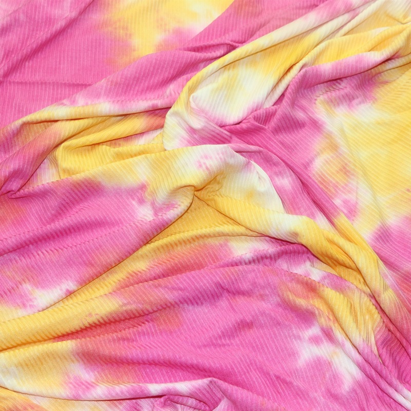 扎染罗纹布服装面料针织纬编吊染扎染人棉粘胶氨纶弹力螺纹罗纹布