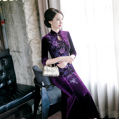 Chinese Dress Qipao for women Fishtail cheongsam dress high end performance banquet cheongsam Rose Embroidery Diamond Dress