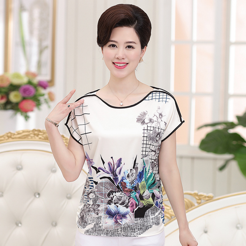 2019夏季新款女士真丝短袖T恤 妈妈装套头印花大码上衣肩部拼接爆|ms