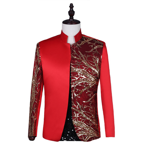 Men embroidery sequins Chinese tunic suit stage costumes male singers party host guest suit jacket