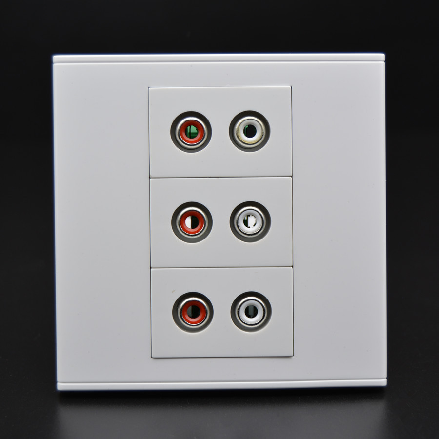 86型三位AV音频墙壁插座 3个红白双莲花头组合墙壁插座多媒体面板