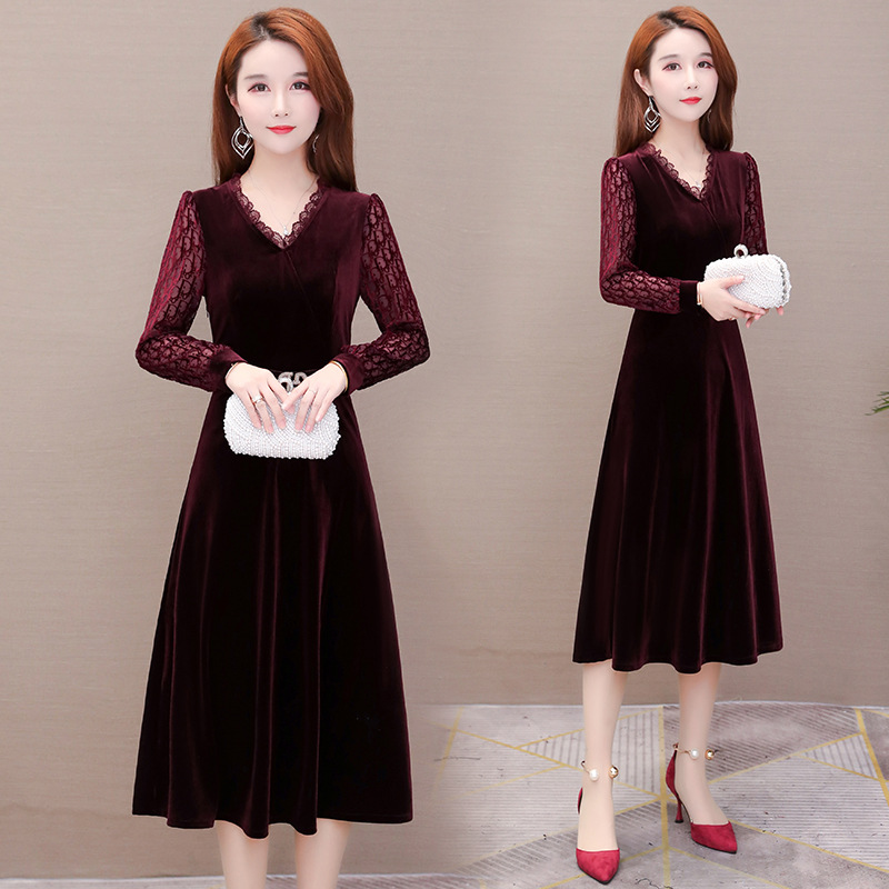金丝绒连衣裙女中长款春装2020新款流行显瘦高端洋气贵夫人打底裙