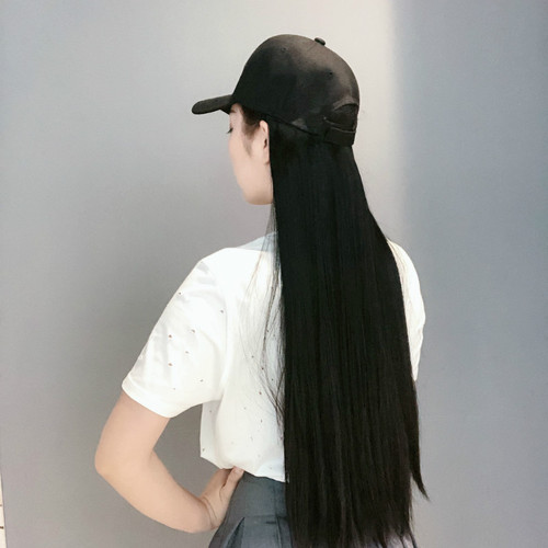 The same style of Kuaishou hat and wig integrated female Internet celebrity black long straight hair chemical fiber headgear manufacturer wholesale agent