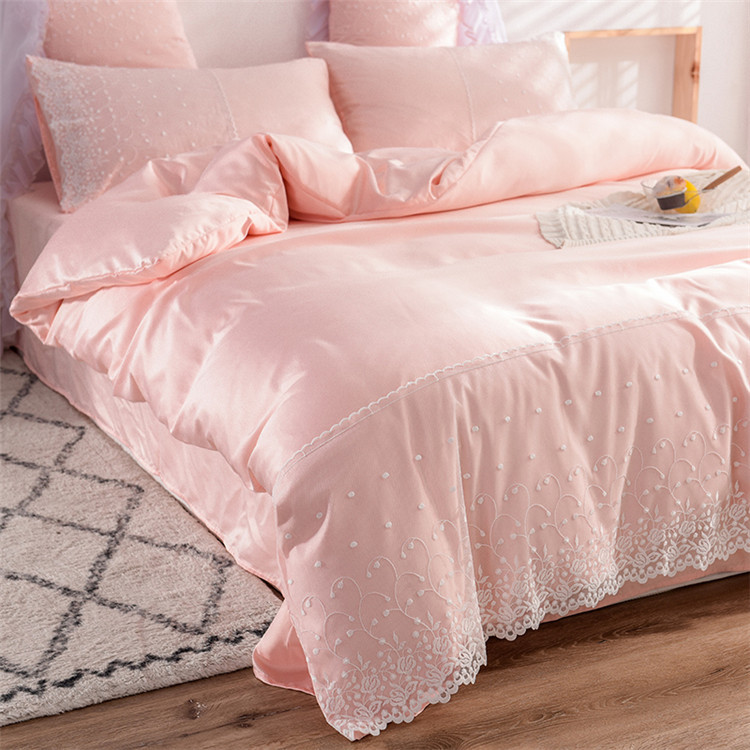 批发 水洗真丝四件套 网红款冰丝蕾丝纯色四件套被套 一件代发
