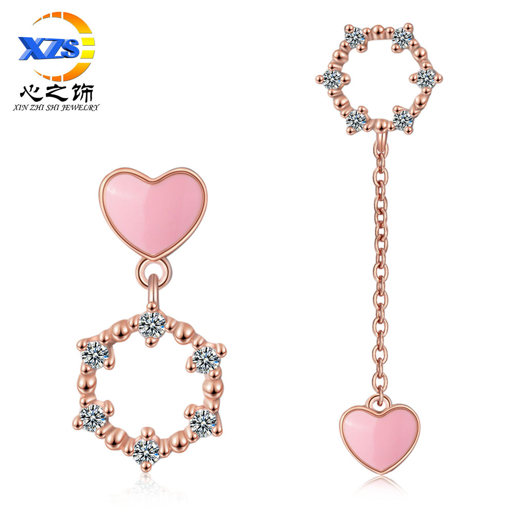 Fuchsia asymmetrical geometric design earrings with zircon