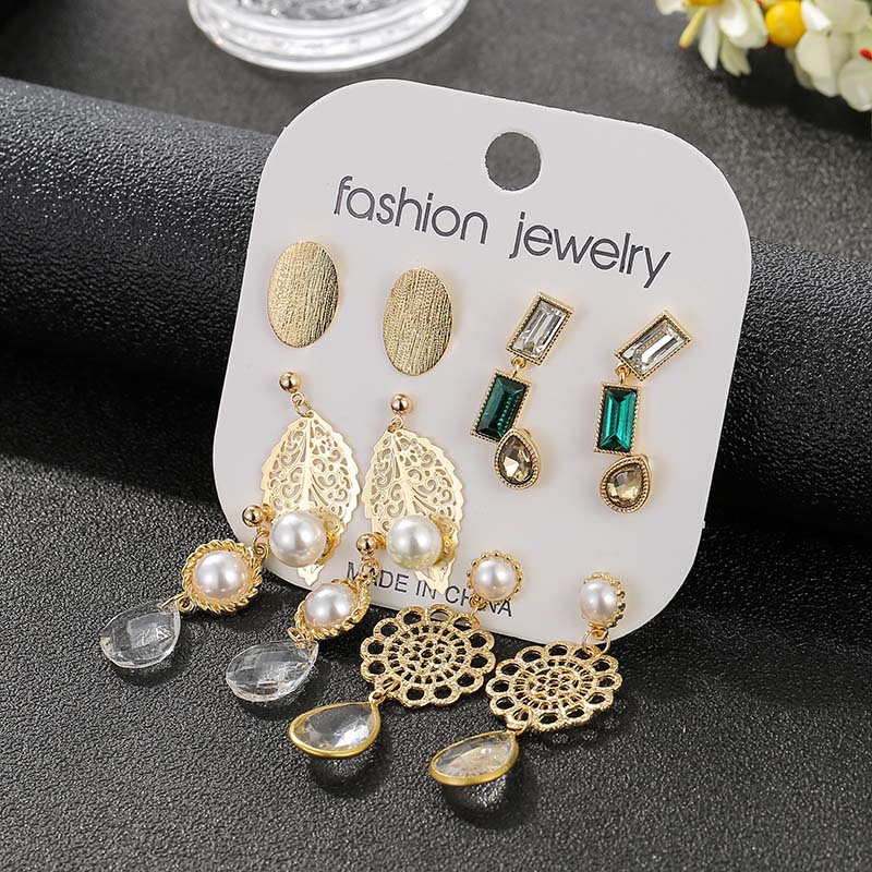 Hot Baroque Leaf Emerald Stud Earring Set 6 Pairs display picture 4