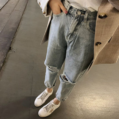 夏季高腰九分乞丐裤ins破洞牛仔裤女宽松韩版学生哈伦老爹裤子潮|ms