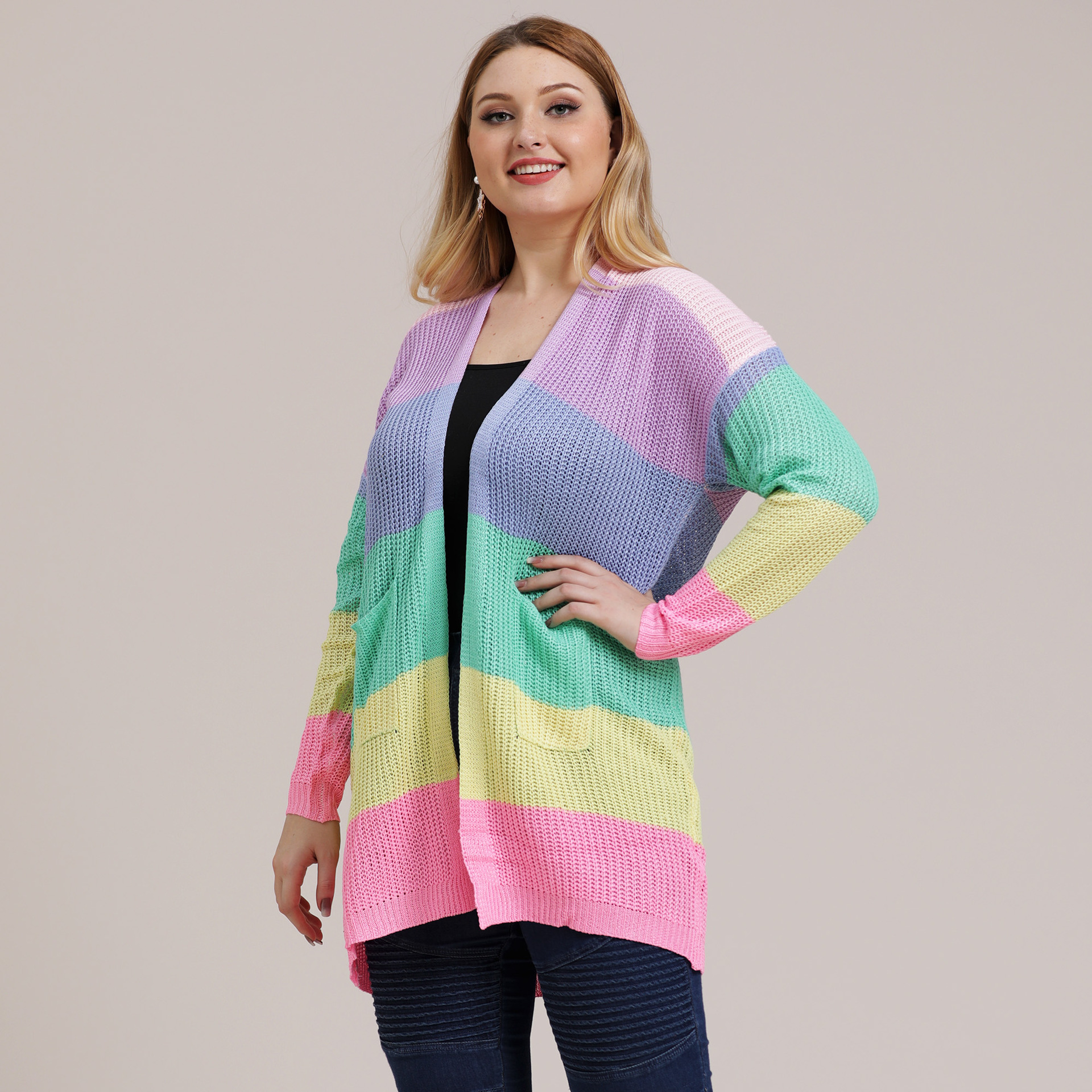 Plus size striped color front  pocket cardigan NSOY45929