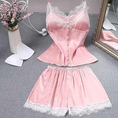 蕾丝花边性感睡衣吊带短裤家居服两件套薄款女大码仿真丝居家套装|ms