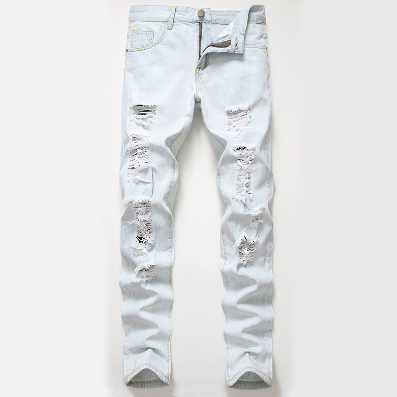 boy 2019 New Cross-Border Fashion European And American Style Ripped Men's Washed Light White Straight Large Size Jeans Men_viptrois.com
